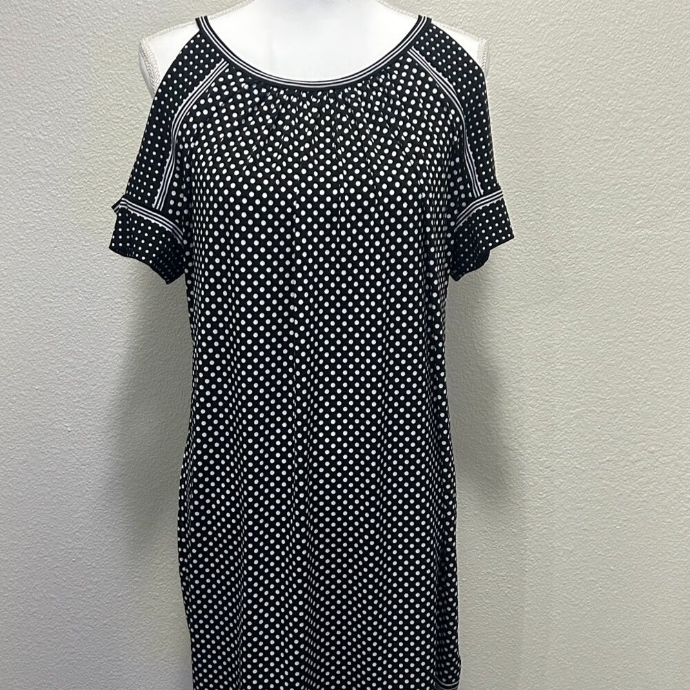 Max Studio black and white polka dot sheath dress, open shoulder, medium